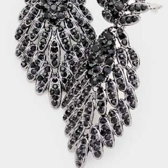 Feather Pave Black Crystal Clip On Earrings - Picture 2 of 6